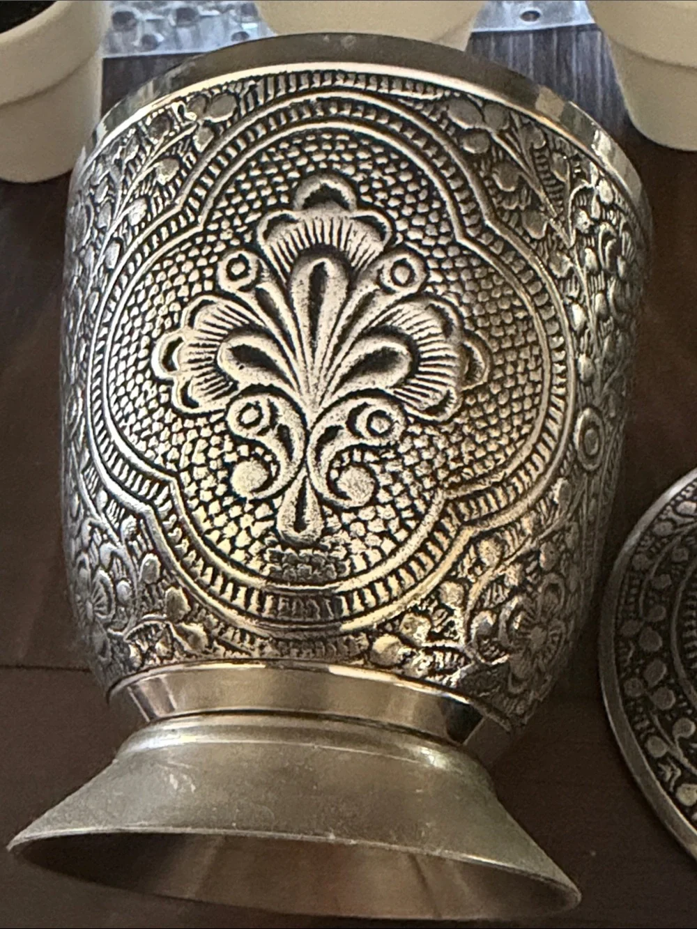 Ornate Embossed Lidded Vase in Antique Silver Tone